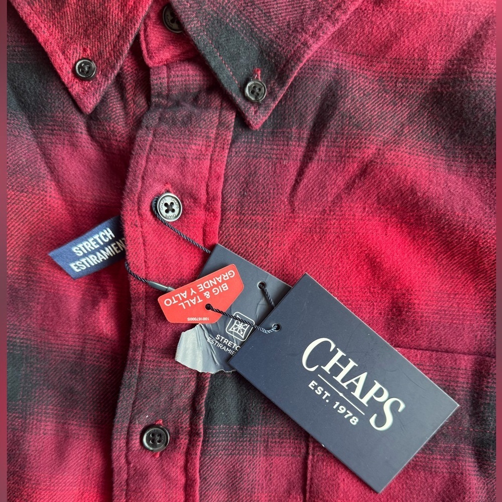 Chaps Flannel Red Black Plaid Large Tall Button Down Shirt cotton stretch - Picture 9 of 14